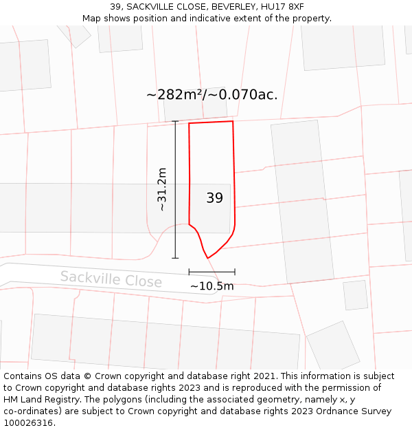 39, SACKVILLE CLOSE, BEVERLEY, HU17 8XF: Plot and title map