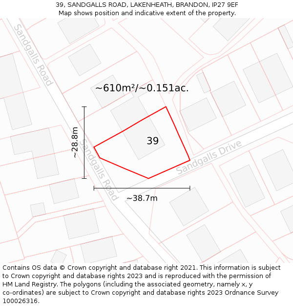 39, SANDGALLS ROAD, LAKENHEATH, BRANDON, IP27 9EF: Plot and title map