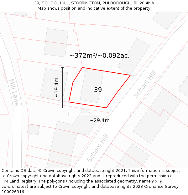 39, SCHOOL HILL, STORRINGTON, PULBOROUGH, RH20 4NA: Plot and title map