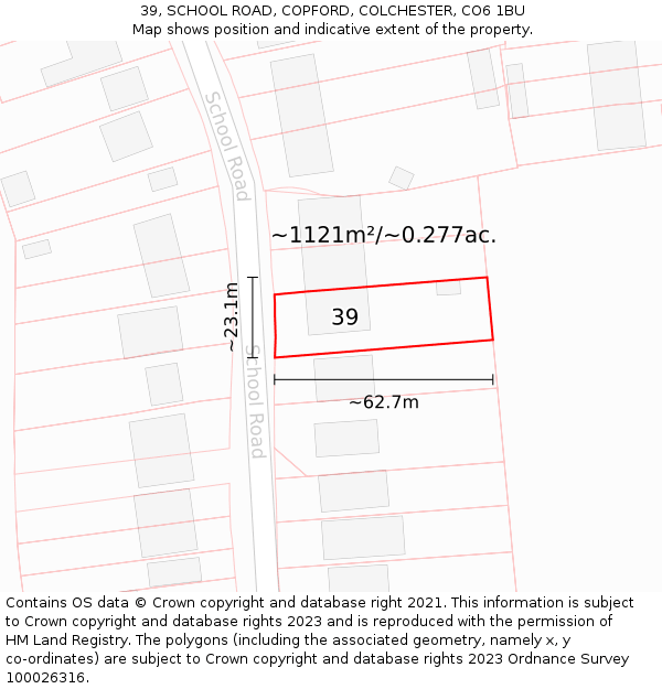 39, SCHOOL ROAD, COPFORD, COLCHESTER, CO6 1BU: Plot and title map