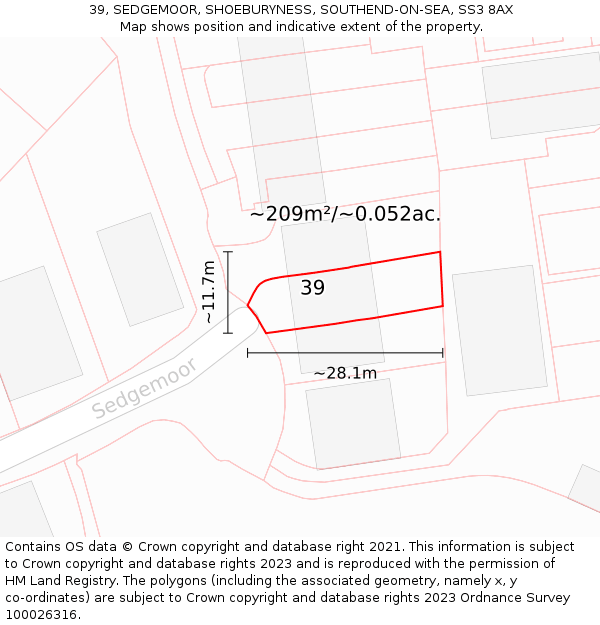 39, SEDGEMOOR, SHOEBURYNESS, SOUTHEND-ON-SEA, SS3 8AX: Plot and title map