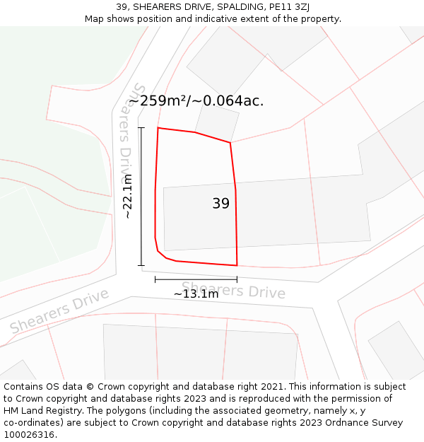 39, SHEARERS DRIVE, SPALDING, PE11 3ZJ: Plot and title map