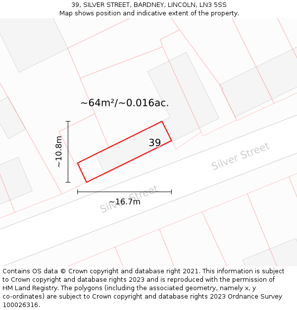 39, SILVER STREET, BARDNEY, LINCOLN, LN3 5SS: Plot and title map