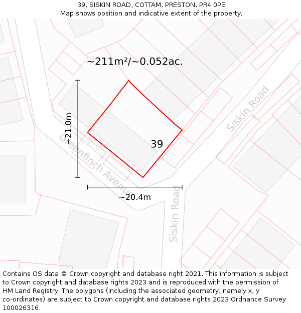 39, SISKIN ROAD, COTTAM, PRESTON, PR4 0PE: Plot and title map