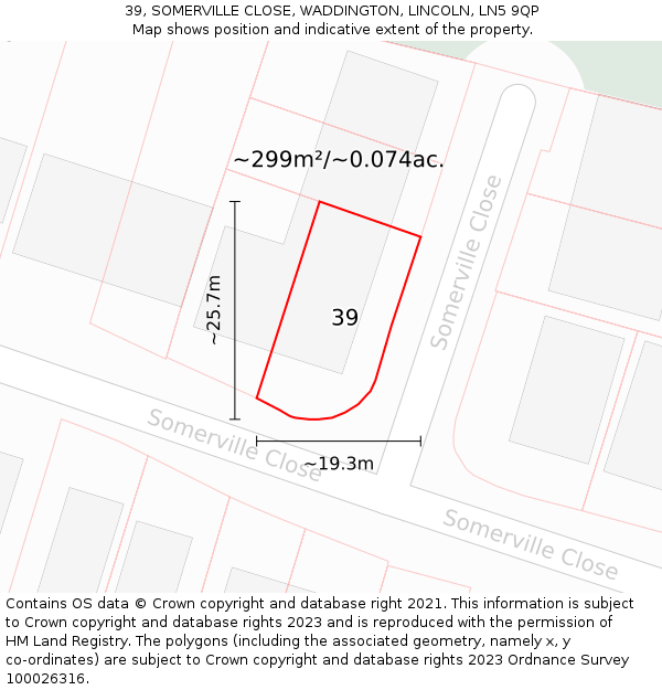 39, SOMERVILLE CLOSE, WADDINGTON, LINCOLN, LN5 9QP: Plot and title map