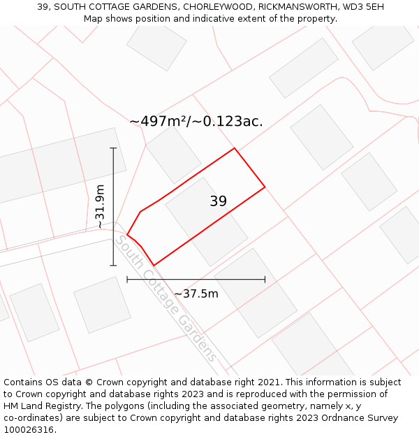 39, SOUTH COTTAGE GARDENS, CHORLEYWOOD, RICKMANSWORTH, WD3 5EH: Plot and title map