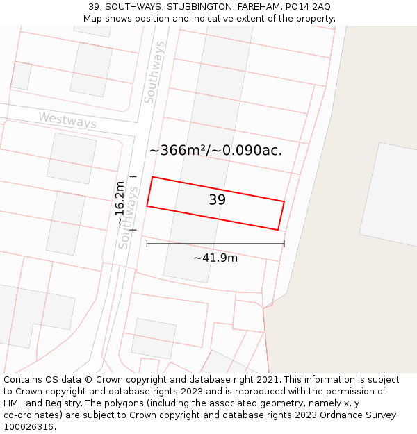 39, SOUTHWAYS, STUBBINGTON, FAREHAM, PO14 2AQ: Plot and title map