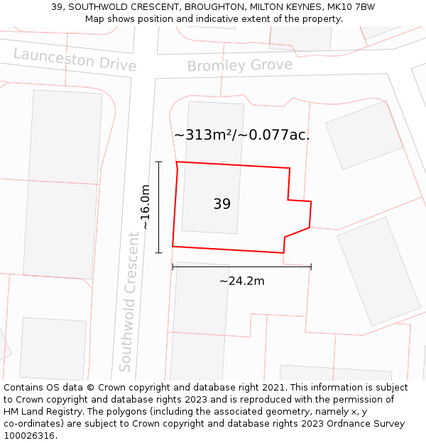 39, SOUTHWOLD CRESCENT, BROUGHTON, MILTON KEYNES, MK10 7BW: Plot and title map