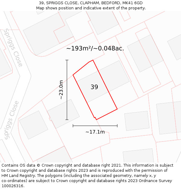 39, SPRIGGS CLOSE, CLAPHAM, BEDFORD, MK41 6GD: Plot and title map