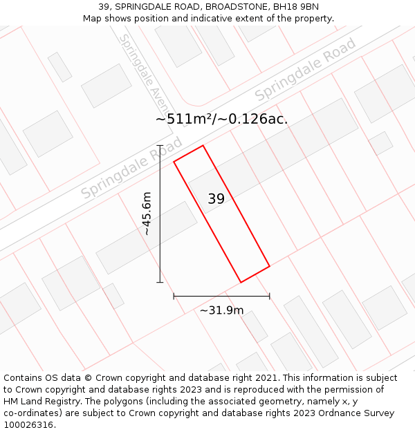 39, SPRINGDALE ROAD, BROADSTONE, BH18 9BN: Plot and title map