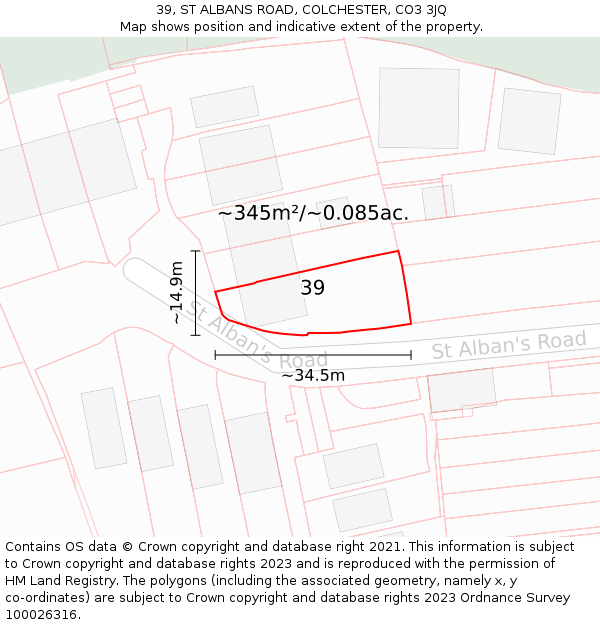 39, ST ALBANS ROAD, COLCHESTER, CO3 3JQ: Plot and title map