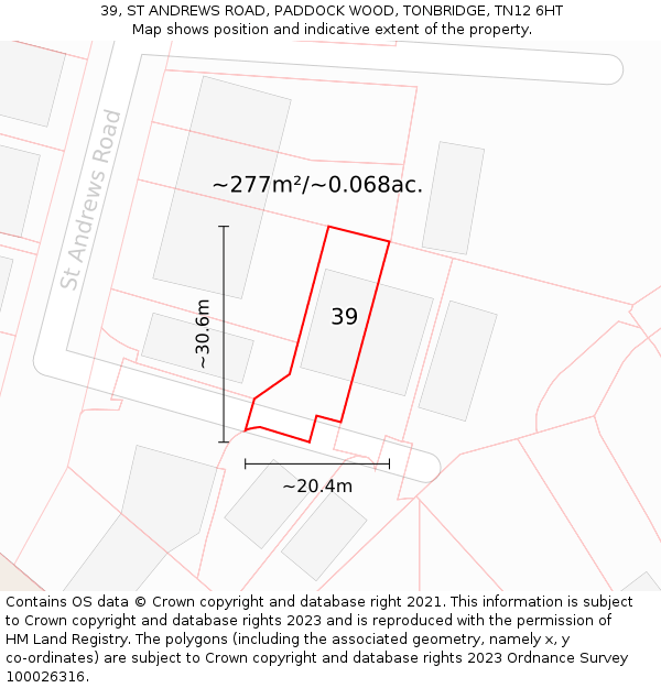 39, ST ANDREWS ROAD, PADDOCK WOOD, TONBRIDGE, TN12 6HT: Plot and title map