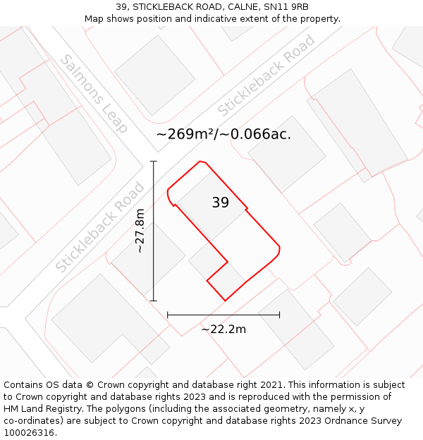 39, STICKLEBACK ROAD, CALNE, SN11 9RB: Plot and title map