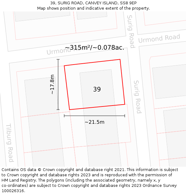 39, SURIG ROAD, CANVEY ISLAND, SS8 9EP: Plot and title map