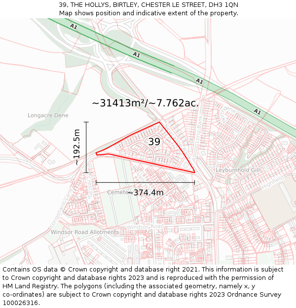 39, THE HOLLYS, BIRTLEY, CHESTER LE STREET, DH3 1QN: Plot and title map