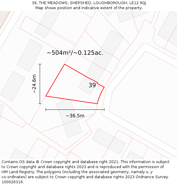 39, THE MEADOWS, SHEPSHED, LOUGHBOROUGH, LE12 9QJ: Plot and title map