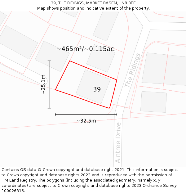 39, THE RIDINGS, MARKET RASEN, LN8 3EE: Plot and title map