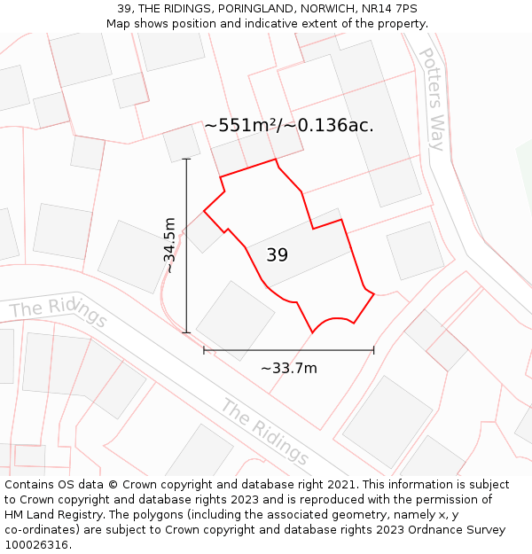 39, THE RIDINGS, PORINGLAND, NORWICH, NR14 7PS: Plot and title map