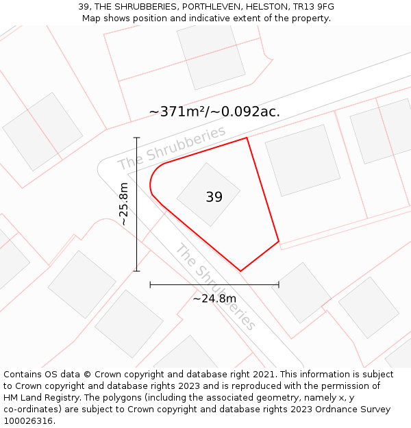 39, THE SHRUBBERIES, PORTHLEVEN, HELSTON, TR13 9FG: Plot and title map