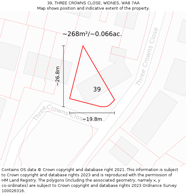39, THREE CROWNS CLOSE, WIDNES, WA8 7AA: Plot and title map