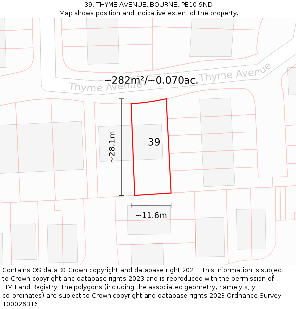 39, THYME AVENUE, BOURNE, PE10 9ND: Plot and title map