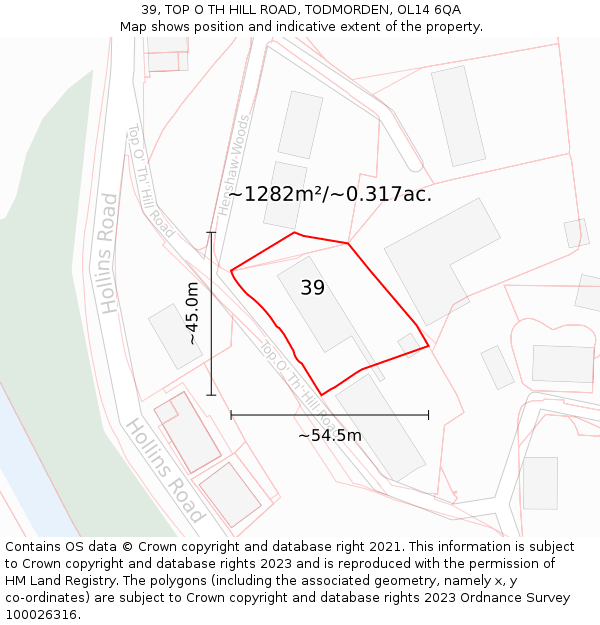 39, TOP O TH HILL ROAD, TODMORDEN, OL14 6QA: Plot and title map