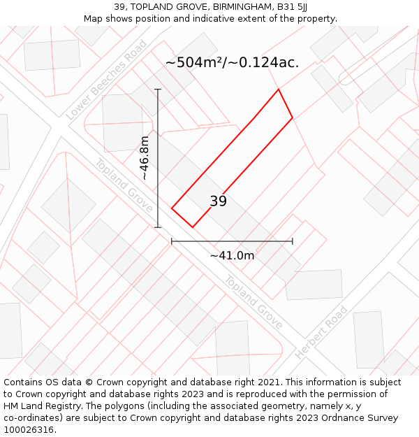 39, TOPLAND GROVE, BIRMINGHAM, B31 5JJ: Plot and title map