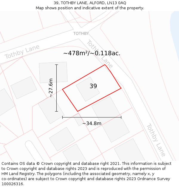 39, TOTHBY LANE, ALFORD, LN13 0AQ: Plot and title map