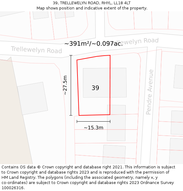 39, TRELLEWELYN ROAD, RHYL, LL18 4LT: Plot and title map