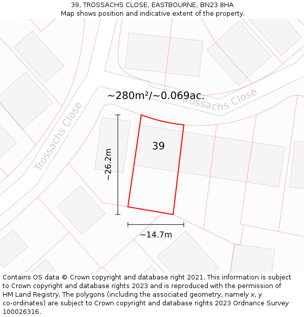 39, TROSSACHS CLOSE, EASTBOURNE, BN23 8HA: Plot and title map