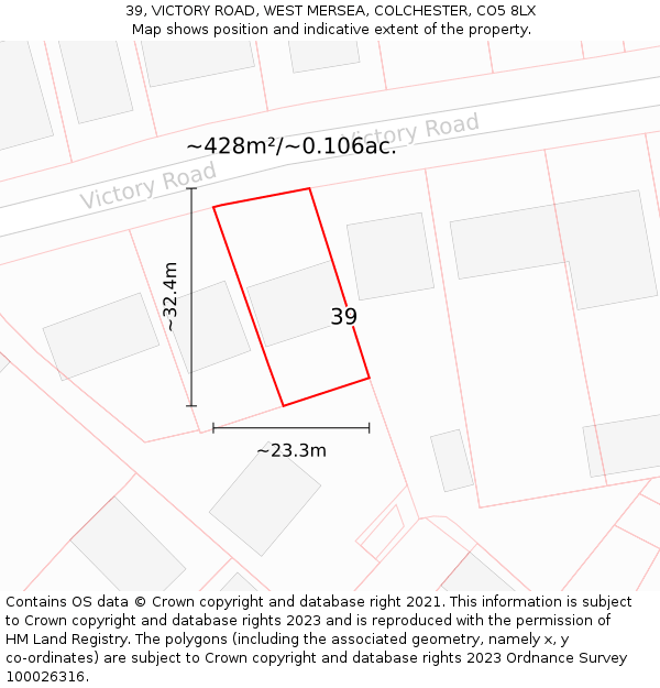 39, VICTORY ROAD, WEST MERSEA, COLCHESTER, CO5 8LX: Plot and title map