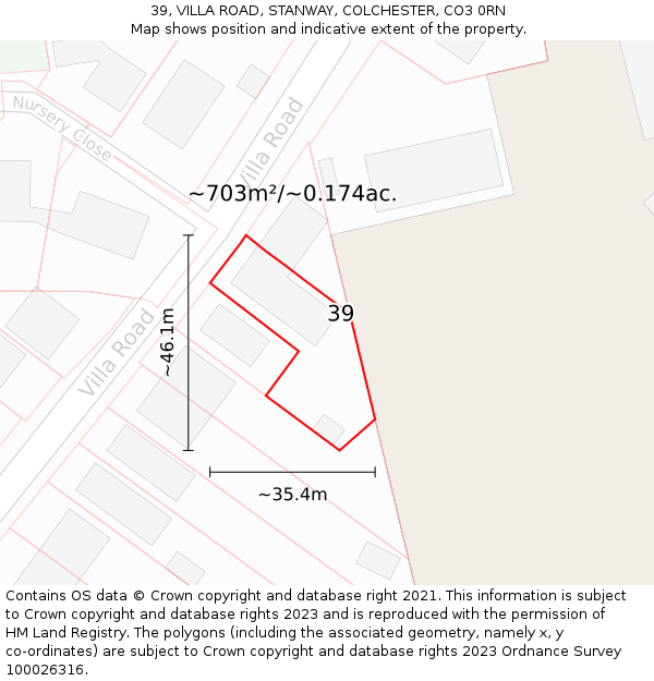 39, VILLA ROAD, STANWAY, COLCHESTER, CO3 0RN: Plot and title map