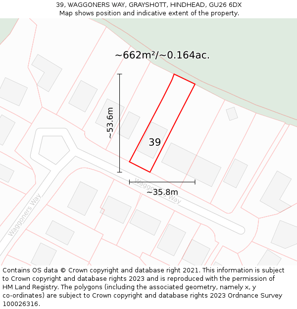 39, WAGGONERS WAY, GRAYSHOTT, HINDHEAD, GU26 6DX: Plot and title map