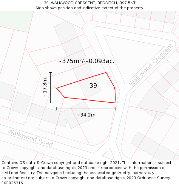 39, WALKWOOD CRESCENT, REDDITCH, B97 5NT: Plot and title map