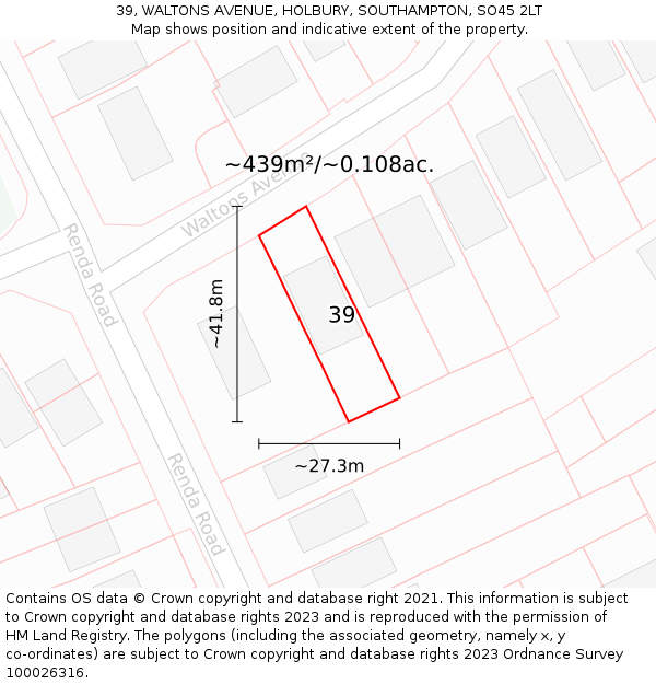 39, WALTONS AVENUE, HOLBURY, SOUTHAMPTON, SO45 2LT: Plot and title map