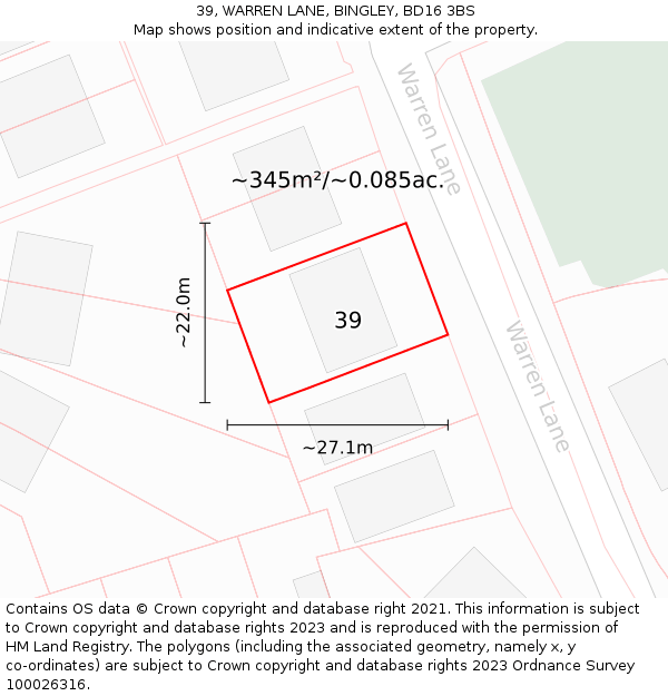 39, WARREN LANE, BINGLEY, BD16 3BS: Plot and title map