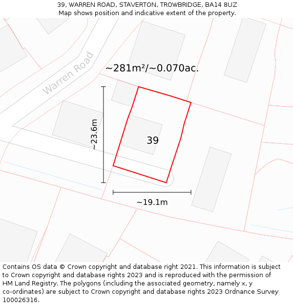 39, WARREN ROAD, STAVERTON, TROWBRIDGE, BA14 8UZ: Plot and title map