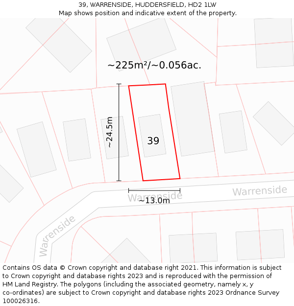 39, WARRENSIDE, HUDDERSFIELD, HD2 1LW: Plot and title map