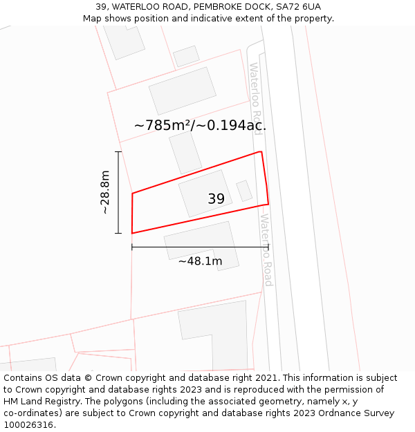 39, WATERLOO ROAD, PEMBROKE DOCK, SA72 6UA: Plot and title map