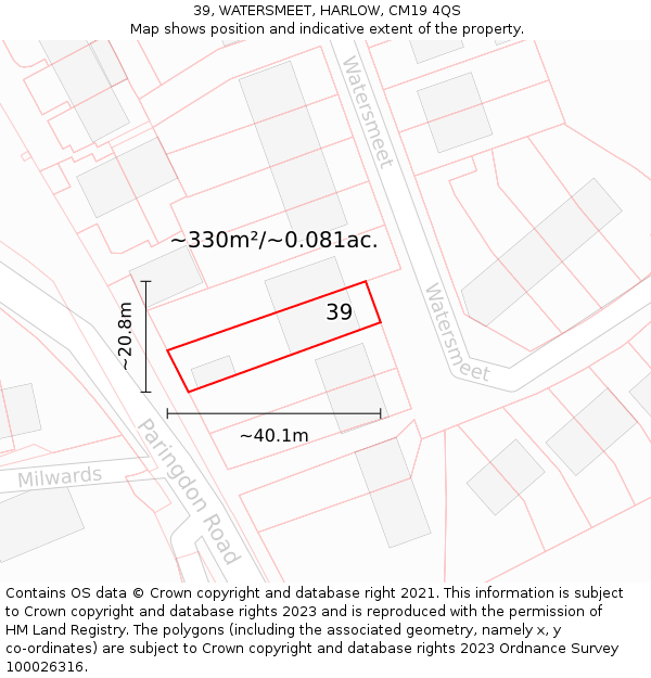 39, WATERSMEET, HARLOW, CM19 4QS: Plot and title map