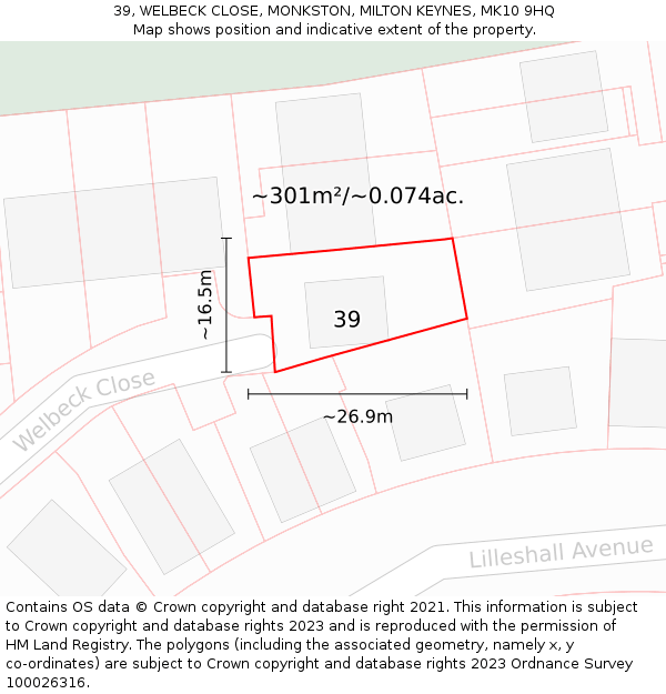 39, WELBECK CLOSE, MONKSTON, MILTON KEYNES, MK10 9HQ: Plot and title map