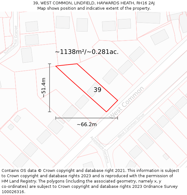 39, WEST COMMON, LINDFIELD, HAYWARDS HEATH, RH16 2AJ: Plot and title map