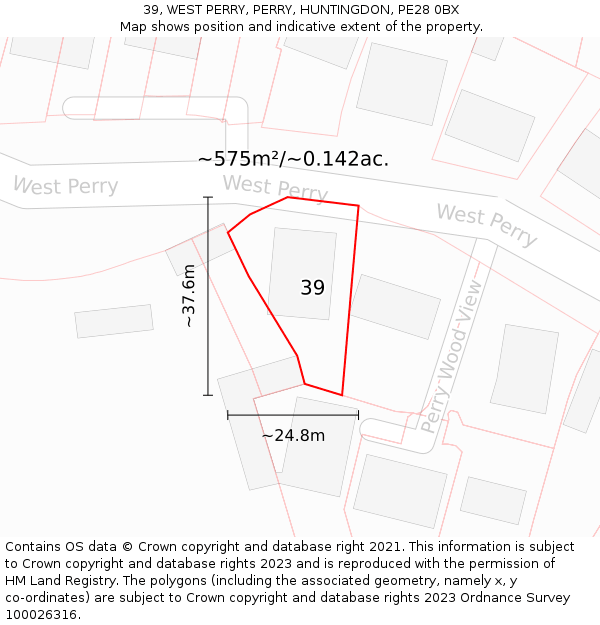 39, WEST PERRY, PERRY, HUNTINGDON, PE28 0BX: Plot and title map