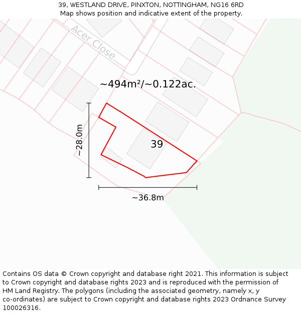 39, WESTLAND DRIVE, PINXTON, NOTTINGHAM, NG16 6RD: Plot and title map