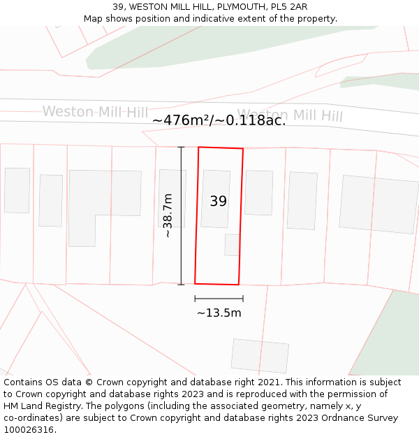 39, WESTON MILL HILL, PLYMOUTH, PL5 2AR: Plot and title map