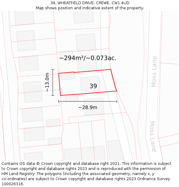 39, WHEATFIELD DRIVE, CREWE, CW1 4UD: Plot and title map