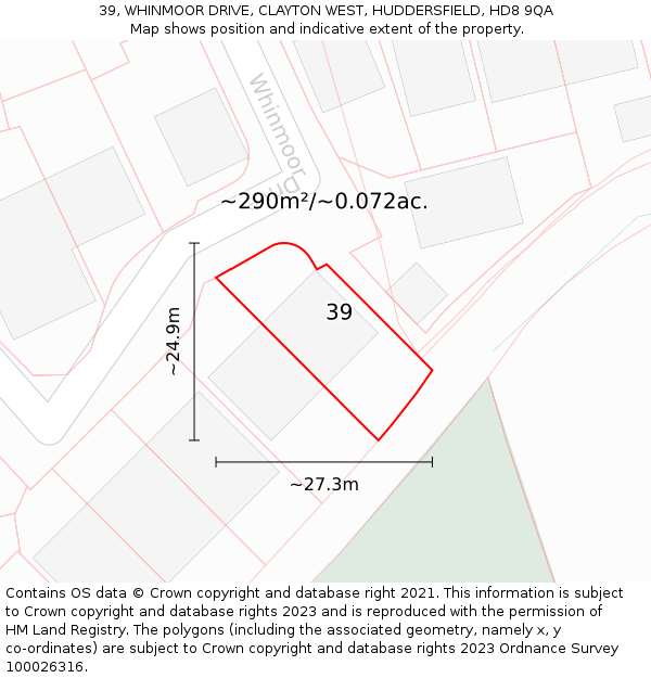 39, WHINMOOR DRIVE, CLAYTON WEST, HUDDERSFIELD, HD8 9QA: Plot and title map