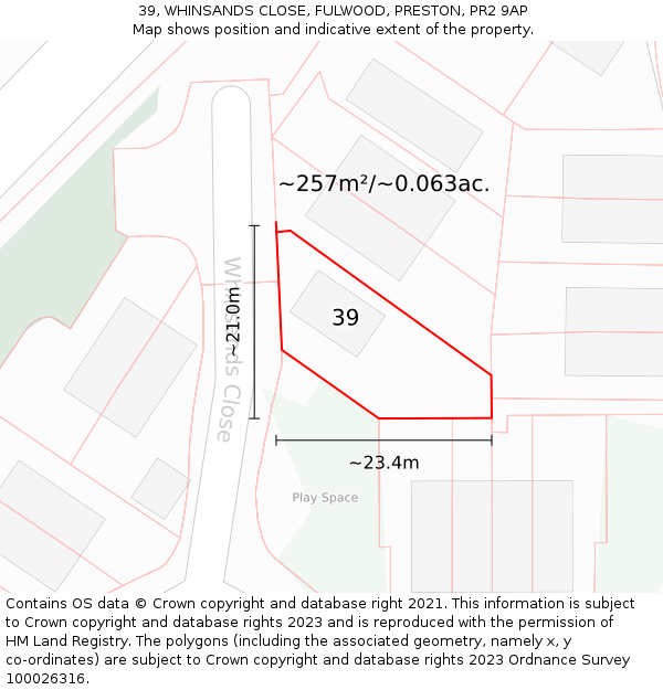 39, WHINSANDS CLOSE, FULWOOD, PRESTON, PR2 9AP: Plot and title map