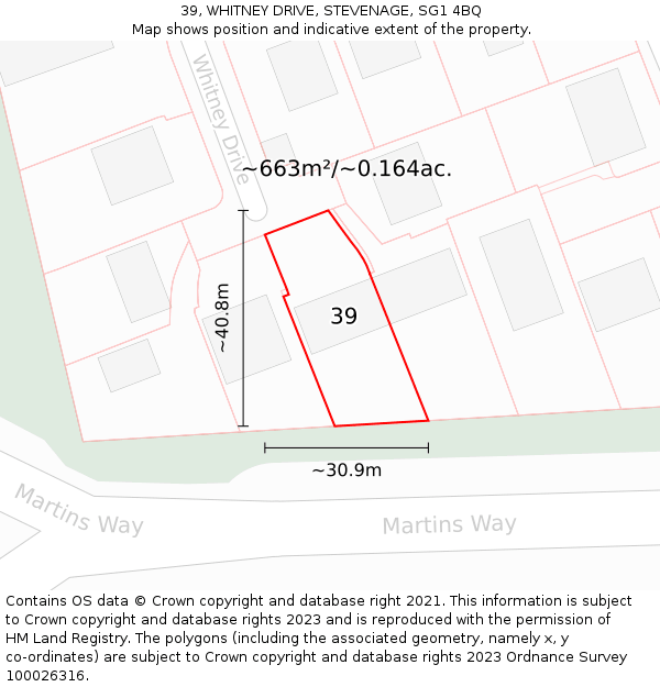 39, WHITNEY DRIVE, STEVENAGE, SG1 4BQ: Plot and title map