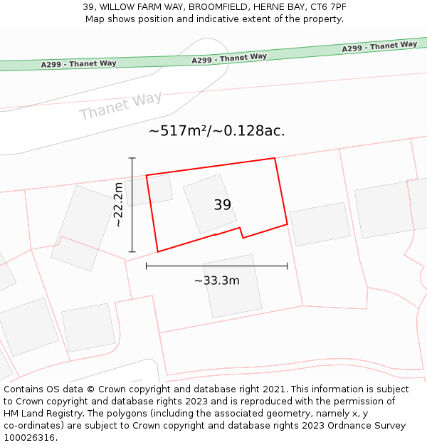 39, WILLOW FARM WAY, BROOMFIELD, HERNE BAY, CT6 7PF: Plot and title map